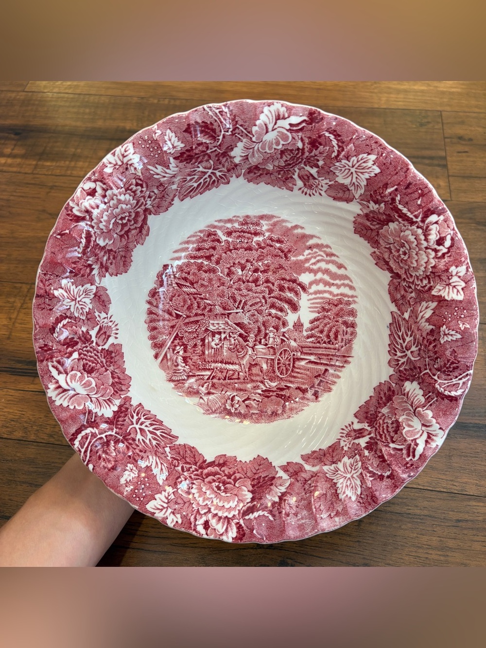 Vtg Wood & Sons English Scenery Pink Red Transferware 9" Serving Vegetable Bowl